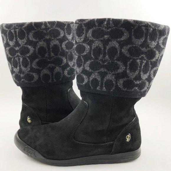 COACH Tatum Black Suede & Wool Foldover Signature Logo Mid-Calf Boots 8M - Picture 1 of 13